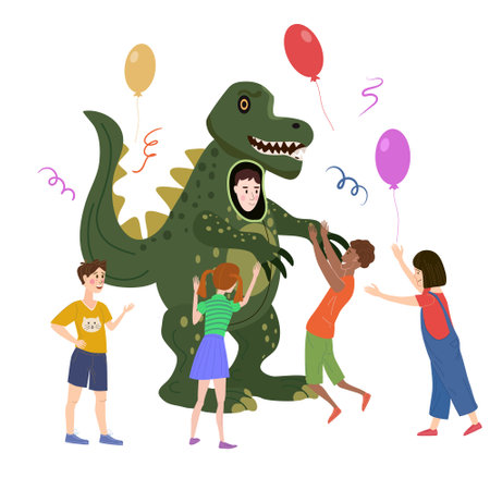Holiday party actor entertainer wearing in costume Dinosaur, play with kids. Performance Birhday Carnaval Party, group children with adult animator. Vector cartoon flat style illustration isolatedのイラスト素材
