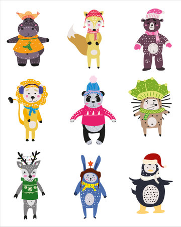 Christmas Animals set cute hippo, fox, bear, lion, panda, hedgehog, deer, rabbit, penguin. Hand drawn collection characters illustration vector isolatedのイラスト素材