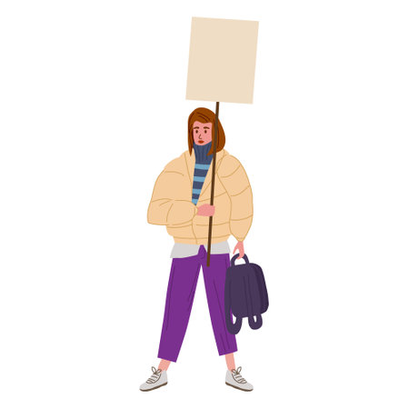 Protester woman holding empty banner. Activist protesting, political meeting, strike human female rights. Vector illustration isolatedのイラスト素材