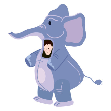 Actor in animal Elephant costume. Theme party, Birthday kid, children animator, entertainer wearing performer character for holiday masquerade, carnival. Vector cartoon flat style isolatedのイラスト素材