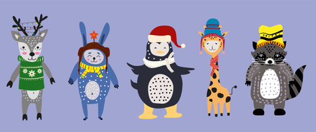 Christmas Animals set cute deer, rabbit, penguin, giraffe with scarf, hat and sweater. Hand drawn collection characters illustration vector isolatedのイラスト素材