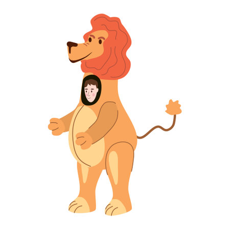 Actor in animal Lion costume. Theme party, Birthday kid, children animator, entertainer wearing performer character for holiday masquerade, carnival. Vector cartoon flat style isolatedのイラスト素材