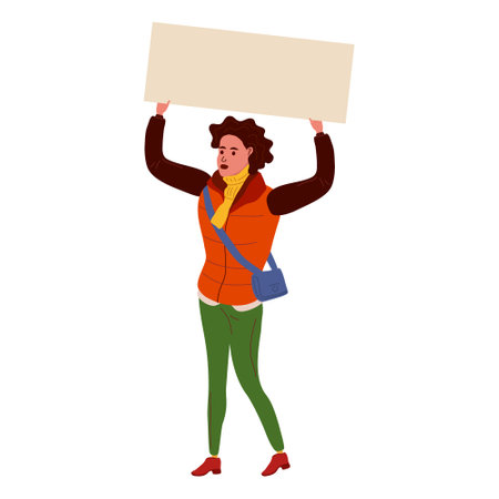 Protester black woman holding empty banner. Activist protesting, political meeting, strike human female rights. Vector illustration isolatedのイラスト素材