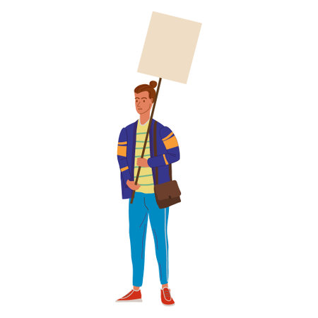 Protester man holding empty banner. Activist protesting, political meeting, strike human rights. Vector illustration isolatedのイラスト素材