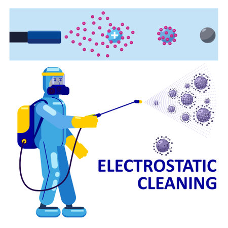 Electrostatic Disinfection Cleaning service. Man dressed in uniform in a special suit with equipment with electrostatic spray conducts disinfectionのイラスト素材