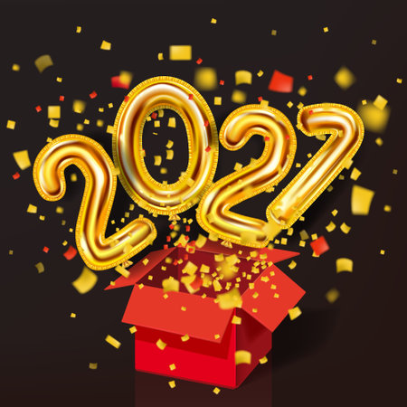 2021 Happy New Year background. Gold realistic 3d balloons foil metallic numbers gift box explosion of glitter gold confetti. Vector illustration celebrate festive party, posterのイラスト素材