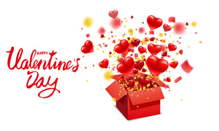 Open red gift box present with flying hearts, burst explosion confetti foil. Happy Valentines day gift box. Vector illustration poster, banner, card, isolatedのイラスト素材