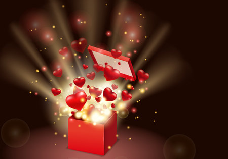 Happy Valentines day gift box open present with flying hearts and bright rays of light, burst explosion. Happy Valentines day gift box. Vector illustration poster, banner, card, isolatedのイラスト素材