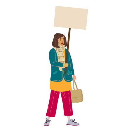 Protester woman holding empty banner. Activist protesting, political meeting, strike human female rights. Vector illustration isolatedのイラスト素材