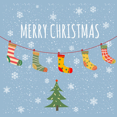 Christmas socks hanging, with different design. Traditional vintage decoration snowflakes background, baner, illustration, vector, card, poster, bannerのイラスト素材