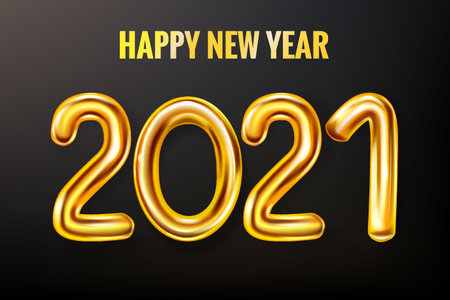 2021 Happy New Year decoration holiday background. Gold realistic 3d balloons foil metallic numbers. Vector illustration celebrate festive party, poster, banner, initation, layout designのイラスト素材