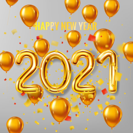 Happy New Year 2021 decoration holiday background. Gold realistic 3d balloons foil metallic numbers and helium balloons, glitter gold confetti. Vector illustration celebrate festive party, poster, bannerのイラスト素材