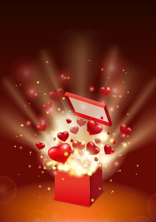 Happy Valentines day gift box open present with flying hearts and bright rays of light, burst explosion. Happy Valentines day gift box. Vector illustration poster, banner, card, isolatedのイラスト素材