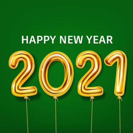 2021 Happy New Year decoration holiday background. Gold realistic 3d balloons foil metallic numbers. Vector illustration celebrate festive party, poster, banner, initation, layout designのイラスト素材