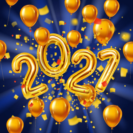 Happy New Year 2021 decoration holiday background. Gold realistic 3d balloons foil metallic numbers and helium balloons, glitter gold confetti. Vector illustration celebrate festive party, poster, bannerの写真素材