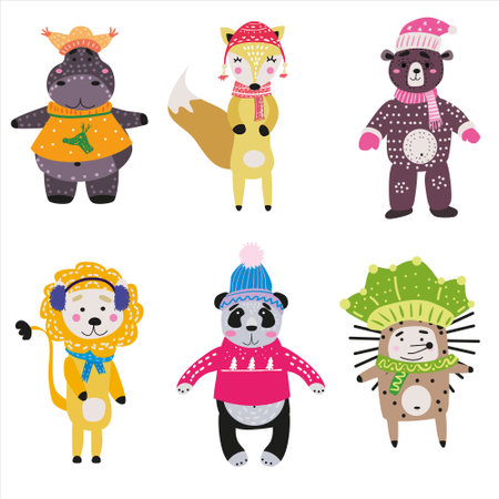 Christmas Animals set cute hippo, fox, bear, lion, panda, hedgehoge. Hand drawn collection characters illustration vector isolatedのイラスト素材