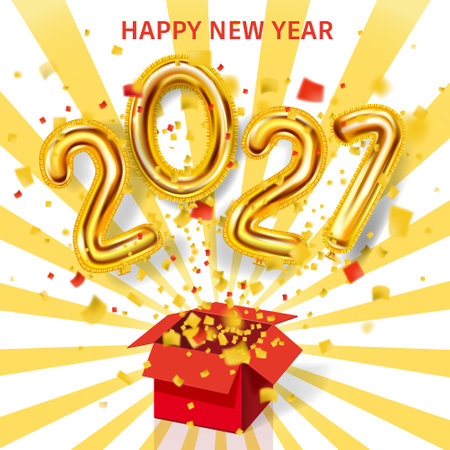 2021 Happy New Year background. Gold realistic 3d balloons foil metallic numbers gift box explosion of glitter gold confetti. Vector illustration celebrate festive party, posterのイラスト素材
