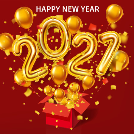 Happy New Year 2021 background. Gold realistic 3d balloons foil metallic numbers and helium balloons, gift box explosion of glitter gold confetti. Vector illustration celebrate festive party, poster, bannerのイラスト素材