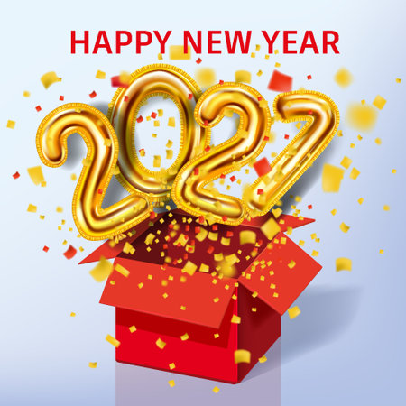2021 Happy New Year background. Gold realistic 3d balloons foil metallic numbers gift box explosion of glitter gold confetti. Vector illustration celebrate festive party, posterのイラスト素材