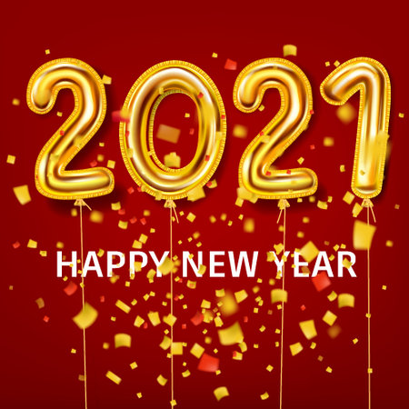 2021 Happy New Year with gold realistic balloons and explosion of glitter gold confetti.のイラスト素材