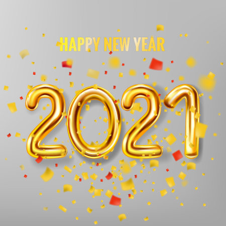 2021 Happy New Year decoration holiday background. Gold realistic 3d balloons foil metallic numbers explosion of glitter gold confetti. Vector illustration celebrate festive party, poster, bannerのイラスト素材