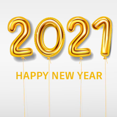 2021 Happy New Year decoration holiday background. Gold realistic 3d balloons foil metallic numbers. Vector illustration celebrate festive party, poster, banner, initation, layout designのイラスト素材
