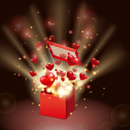 Happy Valentines day gift box open present with flying hearts and bright rays of light, burst explosion. Happy Valentines day gift box. Vector illustration poster, banner, card, isolatedの写真素材