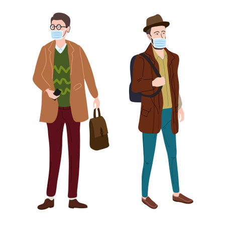 Set Young mans students in modern autumn trendy clothes. In medical mask, individual protection from viruses, smog, vapor. Fashion casual outerwear street style character. Flat cartoon style vector isolatedのイラスト素材