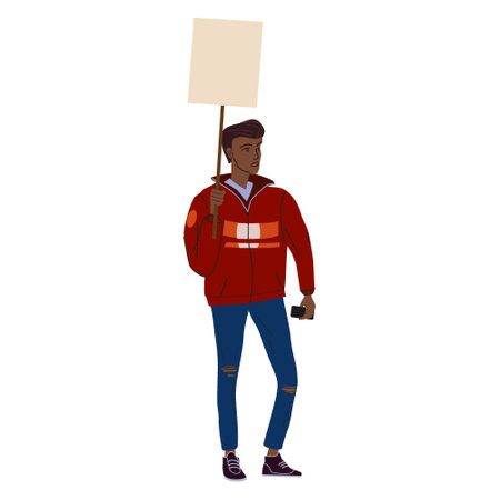 Protester black man holding empty banner. Activist protesting, political meeting, strike human rights. Vector illustration isolatedのイラスト素材