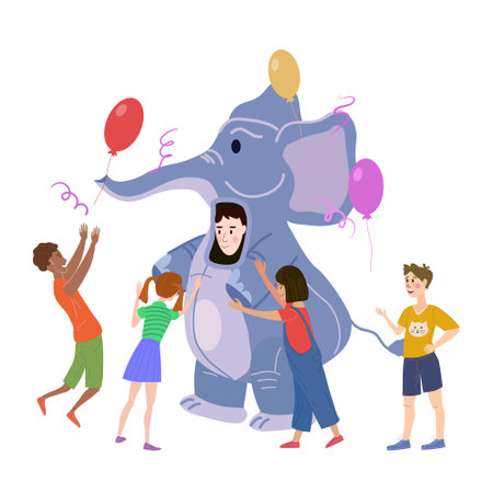 Holiday party actor entertainer wearing in costume Elephant, play with kids. Performance Birhday Carnaval Party, group children with adult animator. Vector cartoon flat style illustration isolatedのイラスト素材