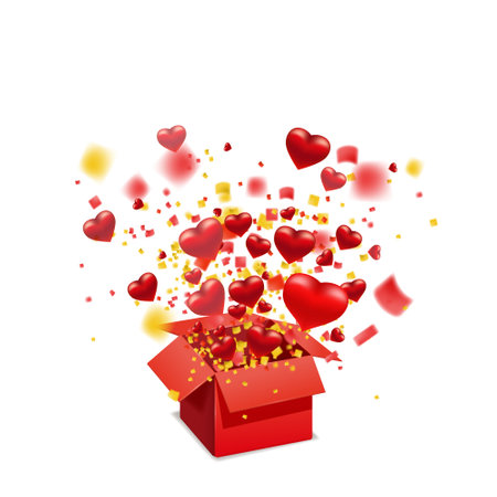 Open red gift box present with flying hearts and bright rays of light, burst explosion. Happy Valentines day gift box. Vector illustration poster, banner, card, isolatedのイラスト素材