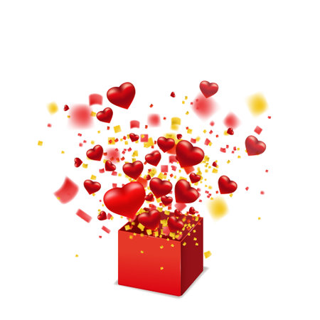 Open red gift box present with flying hearts, burst explosion confetti foil. Happy Valentines day gift box. Vector illustration poster, banner, card, isolatedのイラスト素材