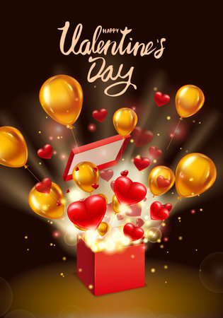 Happy Valentines day gift box open present with flying hearts, ballons gold and bright rays of light, burst explosion. Happy Valentines day gift box. Vector illustration poster, banner, card, isolatedのイラスト素材