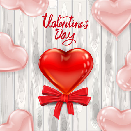 Happy Valentines Day red heart shape glossy balloon realistic, lettering, background wood table pink heart ballons, greeting card. Vector banner poster flyer isolatedのイラスト素材