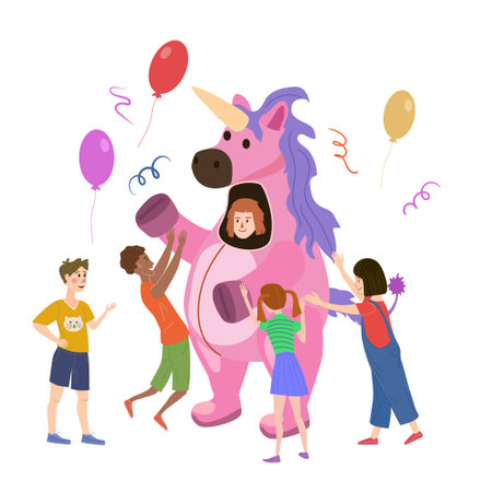Holiday party actor entertainer wearing in costume Unicorn, play with kids.のイラスト素材