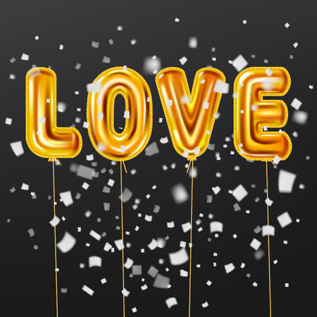 Love gold helium metallic glossy balloons realistic text and  burst foil confetti.のイラスト素材