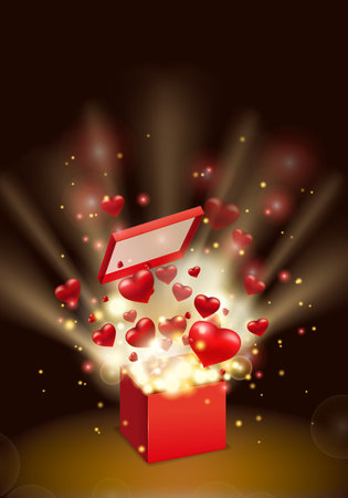 Happy Valentines day gift box open present with flying hearts and bright rays of light, burst explosion. Happy Valentines day gift box. Vector illustration poster, banner, card, isolatedのイラスト素材