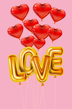 Love gold helium metallic glossy balloons realistic text. Bunch of heart shape flying red balloons, happy Valentines Day, party, decoration, greeting card. Vector banner flyer isolatedのイラスト素材