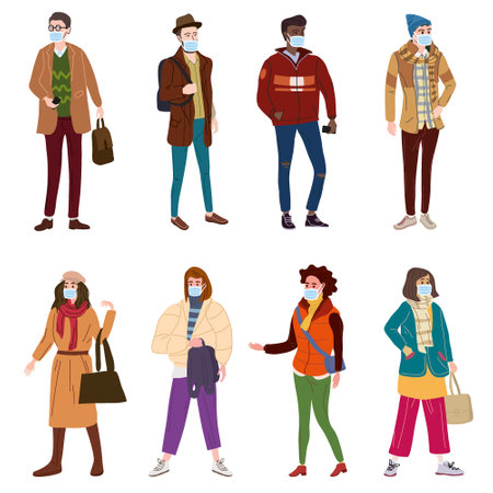 Set Young people womans mans in modern autumn trendy clothes. In medical mask, individual protection from viruses, smog, vapor. Fashion casual outerwear street style character. Flat cartoon style vector isolatedのイラスト素材