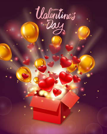 Happy Valentines day gift box open present, lettering, with flying hearts, ballons gold and bright rays of light, burst explosion. Happy Valentines day gift box. Vector illustration posterの写真素材