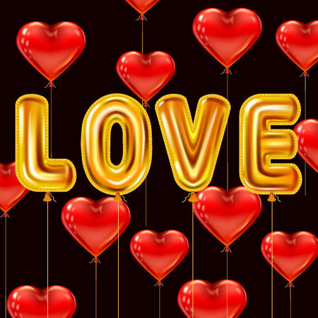 Love gold helium metallic glossy balloons realistic text. Background flying red heart balloons shape, happy Valentines Day, party, decoration, greeting card. Vector banner flyer isolatedのイラスト素材