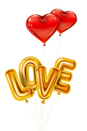 Love gold helium metallic glossy balloons realistic text, heart shape flying red balloons, happy Valentines Day, party, decoration, greeting card. Vector banner flyer isolatedのイラスト素材