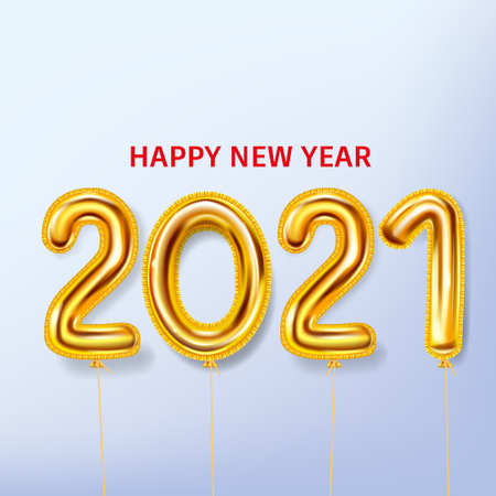 2021 Happy New Year background. Gold realistic 3d balloons foil metallic numbers. Vector illustration celebrate festive party, poster, banner, initation, layout designのイラスト素材