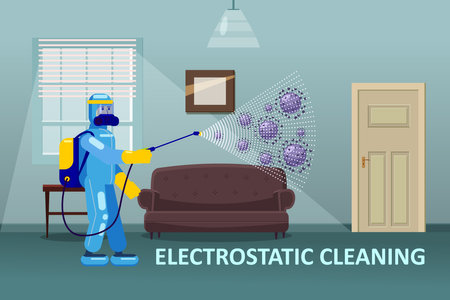 Electrostatic Disinfection Cleaning service. Man dressed in uniform in a special suit with equipment with electrostatic spray conducts disinfection in the living roomのイラスト素材