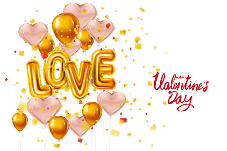Happy Valentines Day, Love gold helium metallic glossy balloons realistic text, lettering, heart shape flying pink balloons, party, decoration, greeting card. Vector banner flyer isolatedのイラスト素材