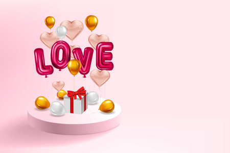 Love red helium metallic glossy balloons realistic text, box gift, inerior pedestal, flying pink golden balloons, party, decoration, greeting card. Vector banner flyer isolatedのイラスト素材
