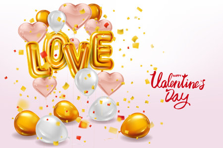 Happy Valentines Day, Love gold helium metallic glossy balloons realistic text, lettering, heart shape flying pink balloons, party, decoration, greeting card. Vector banner flyer isolatedのイラスト素材