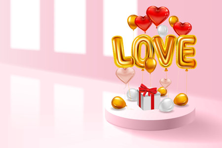 Love red helium metallic glossy balloons realistic, box gift, inerior pedestal, heart shape flying golden balloons, party, decoration, greeting card. Vector banner flyer isolatedのイラスト素材