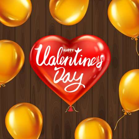Happy Valentines Day red heart shape glossy balloon realistic, lettering, background wood table golden air ballons, greeting card. Vector banner poster flyer isolatedのイラスト素材