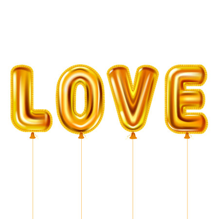 Love gold helium metallic glossy balloons realistic text. Background design happy Valentines Day, party, decoration, greeting card. Vector banner flyer isolatedのイラスト素材